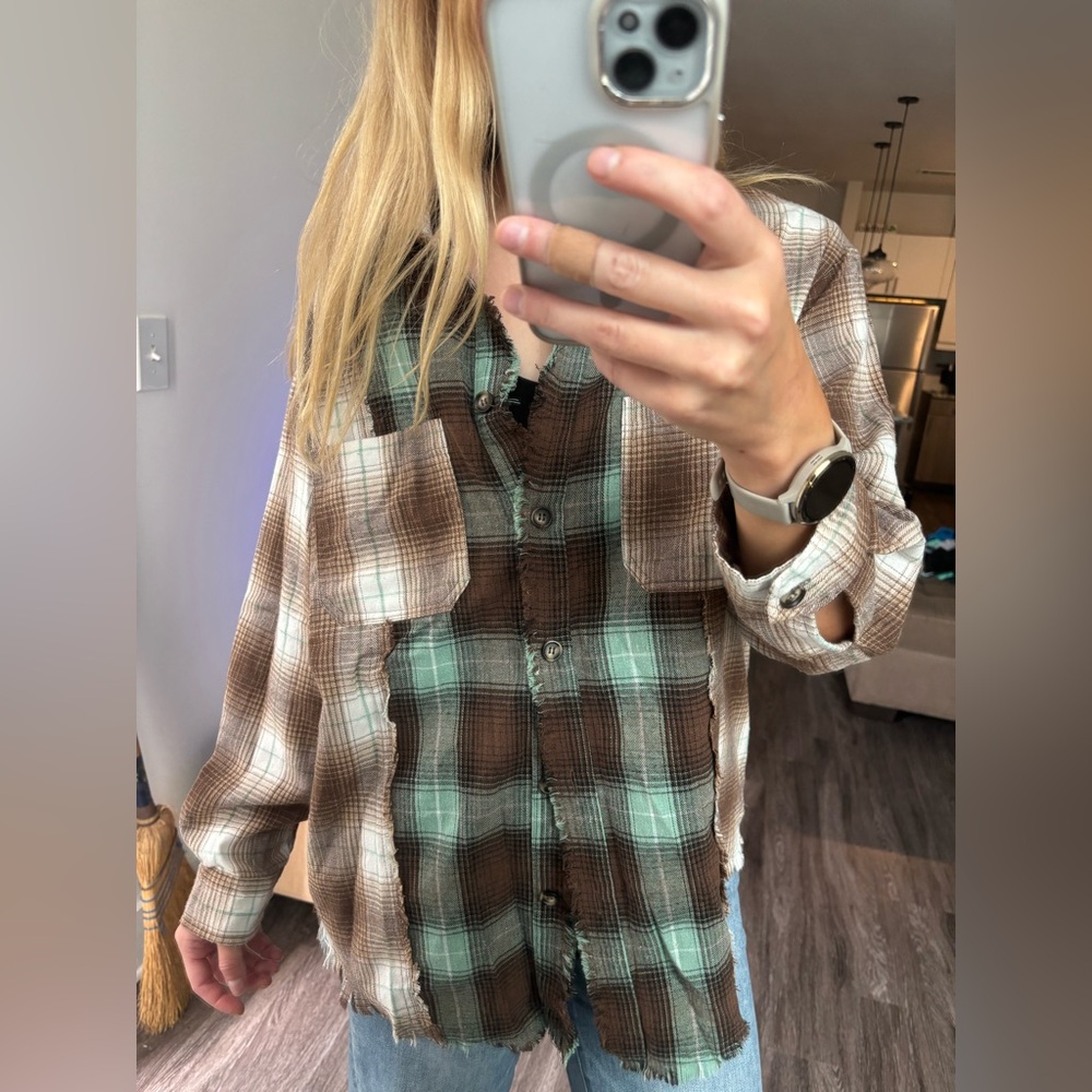 Brown and Green Plaid Button-Up Shirt
